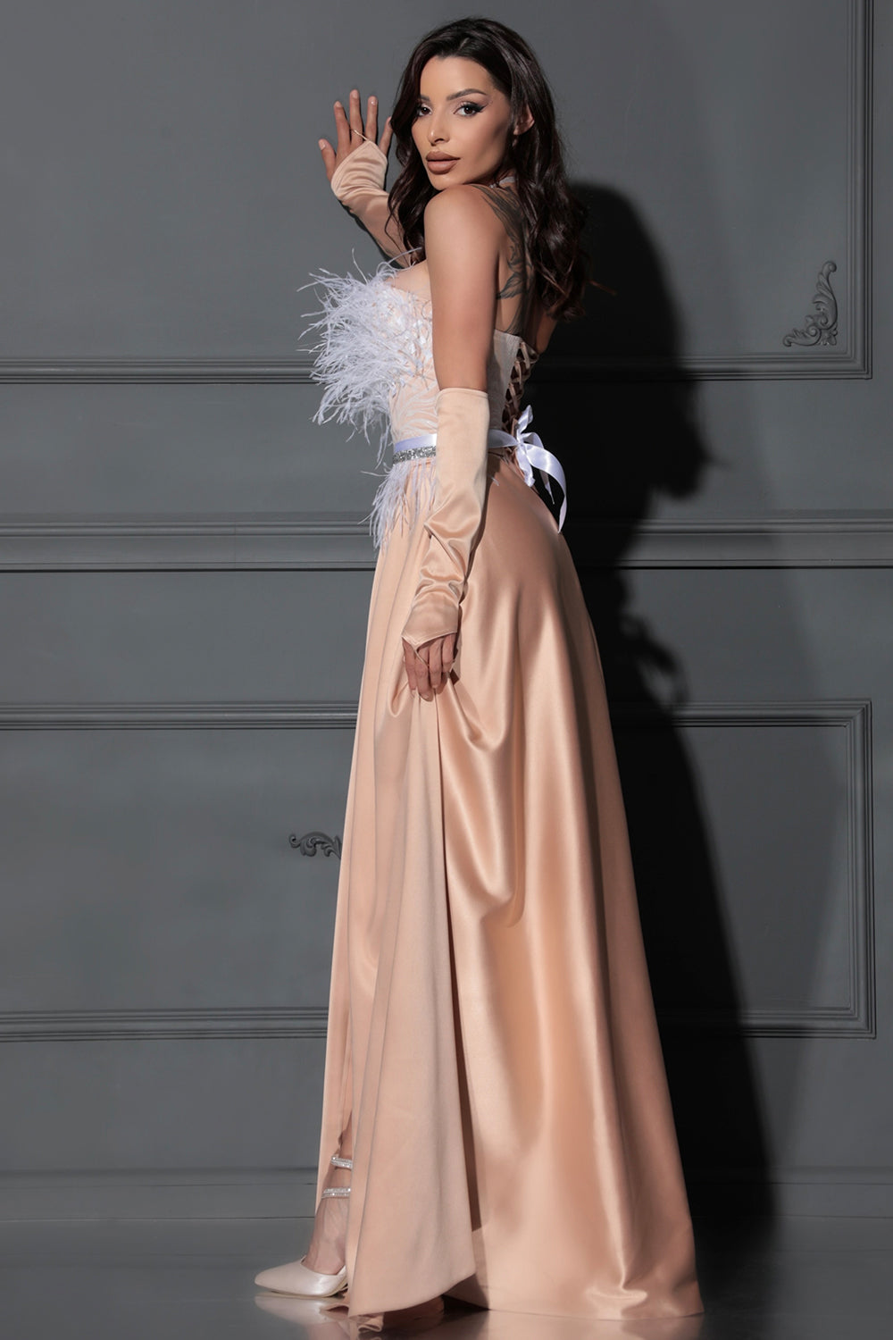 MAXI SKIRT AND CROP TOP SET MAISY GLITTER LACE FEATHERS SATIN NUDE AND WHITE