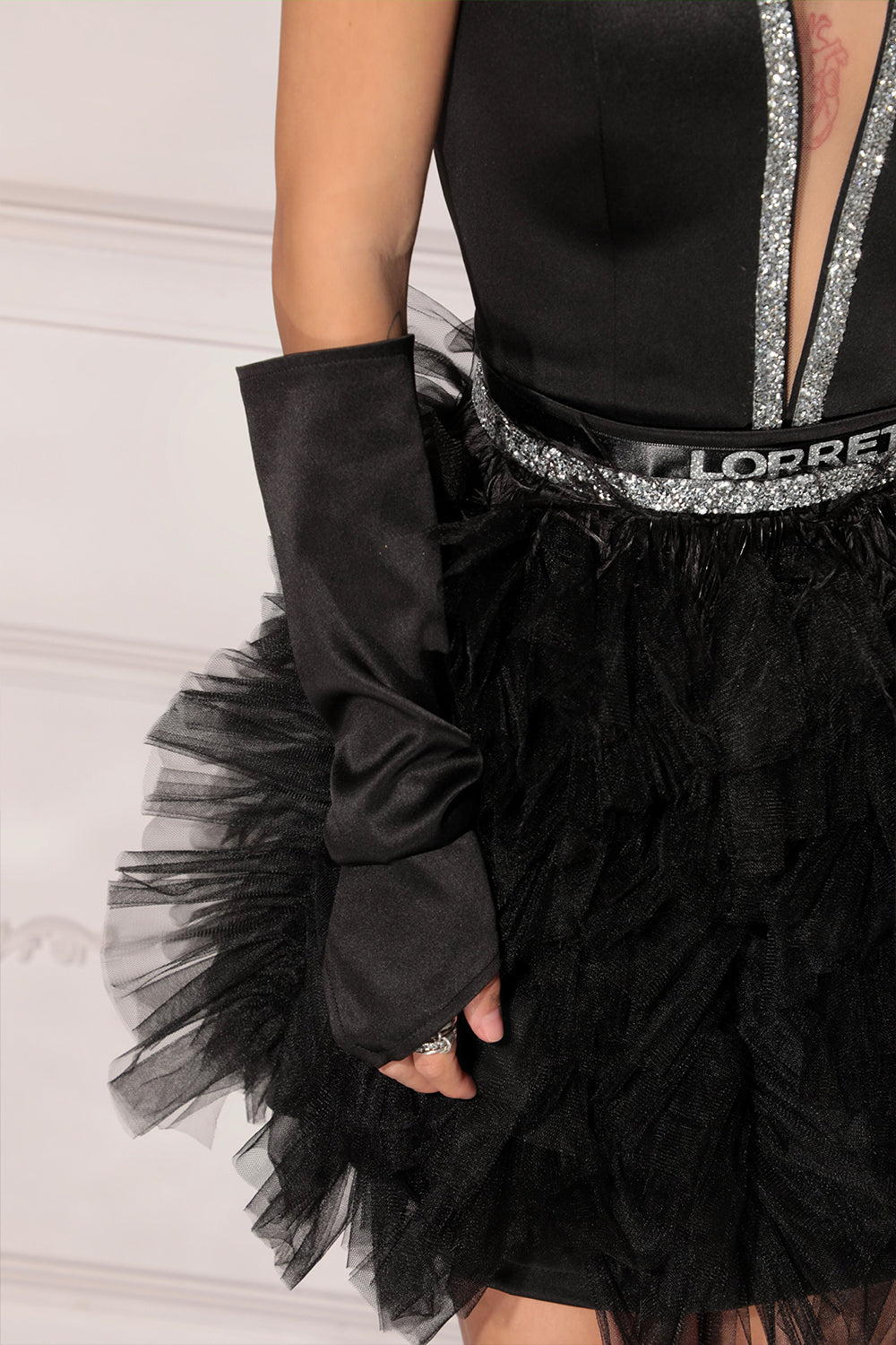 MINI SKIRT AND CROP TOP SET CHELSEA SATIN TULLE BLACK