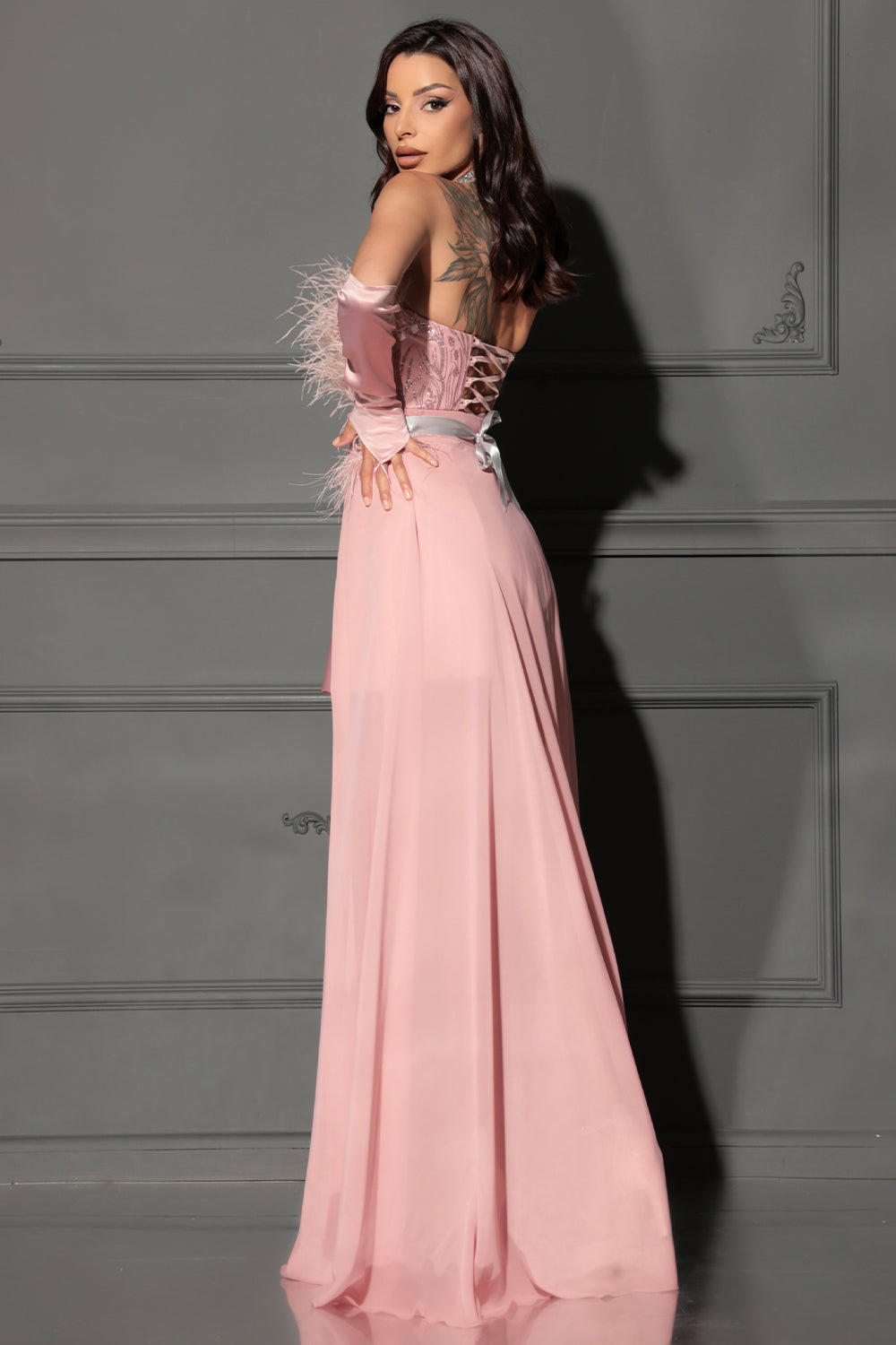 MAXI SKIRT AND CROP TOP SET JUDITH GLITTER LACE FEATHERS CHIFFON SATIN POWDER PINK