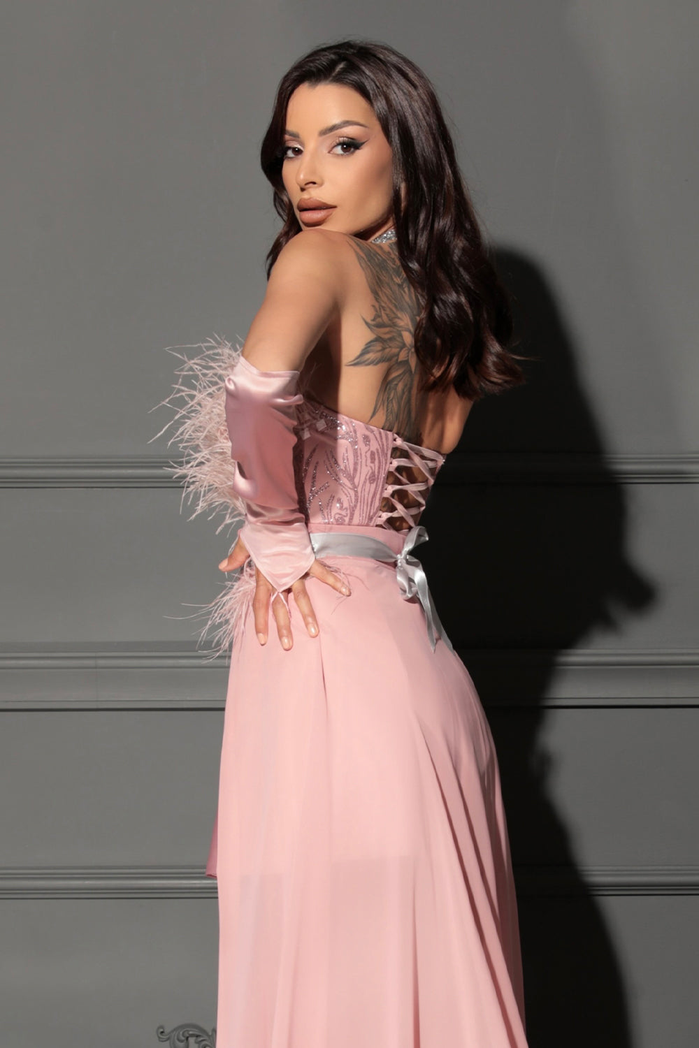 MAXI SKIRT AND CROP TOP SET JUDITH GLITTER LACE FEATHERS CHIFFON SATIN POWDER PINK