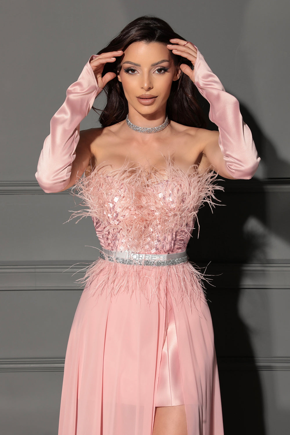 MAXI SKIRT AND CROP TOP SET JUDITH GLITTER LACE FEATHERS CHIFFON SATIN POWDER PINK