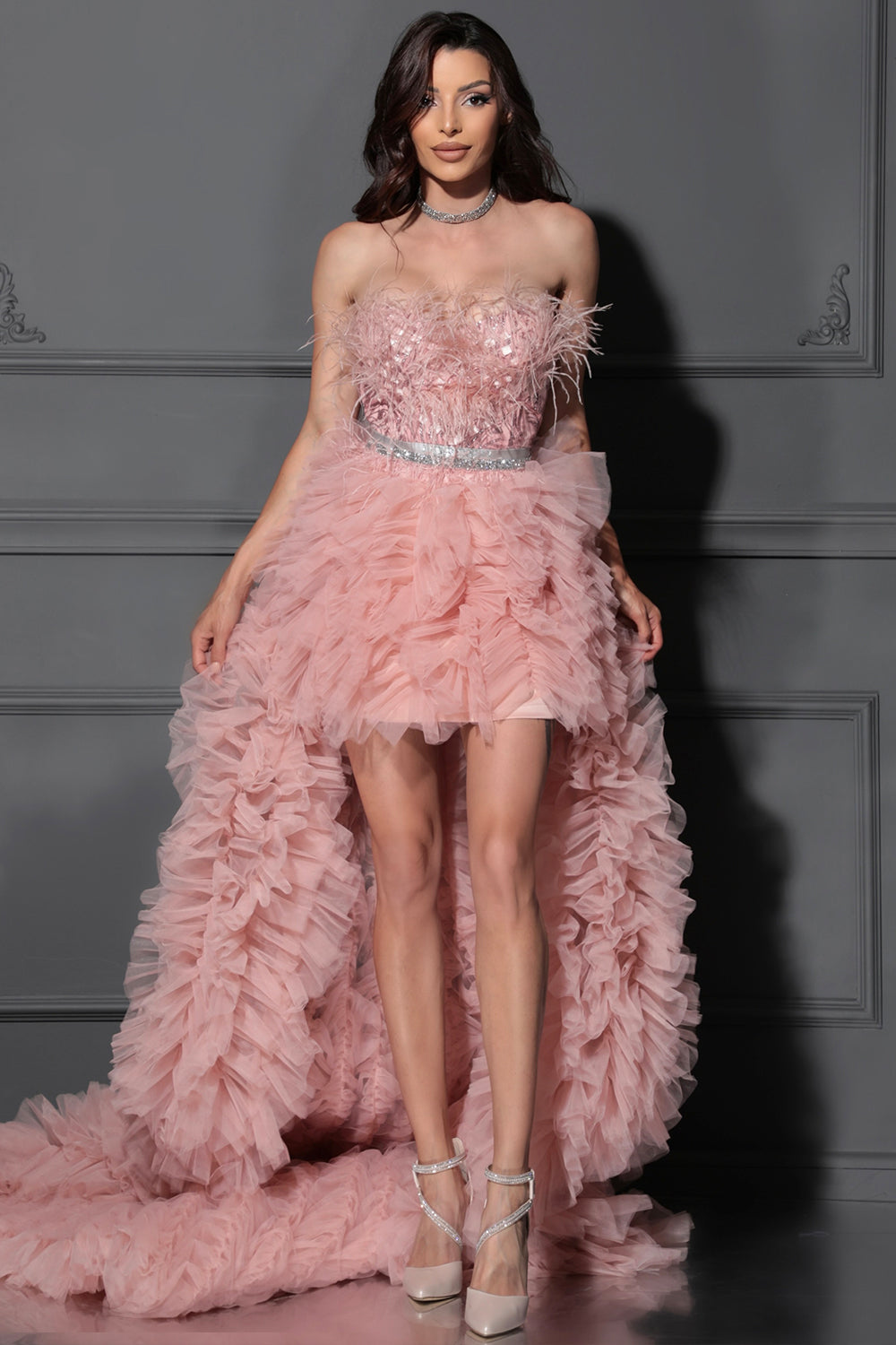 MAXI SKIRT AND CROP TOP SET CAROLINA GLITTER LACE FEATHERS TULLE POWDER PINK