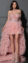 MAXI SKIRT AND CROP TOP SET CAROLINA GLITTER LACE FEATHERS TULLE POWDER PINK