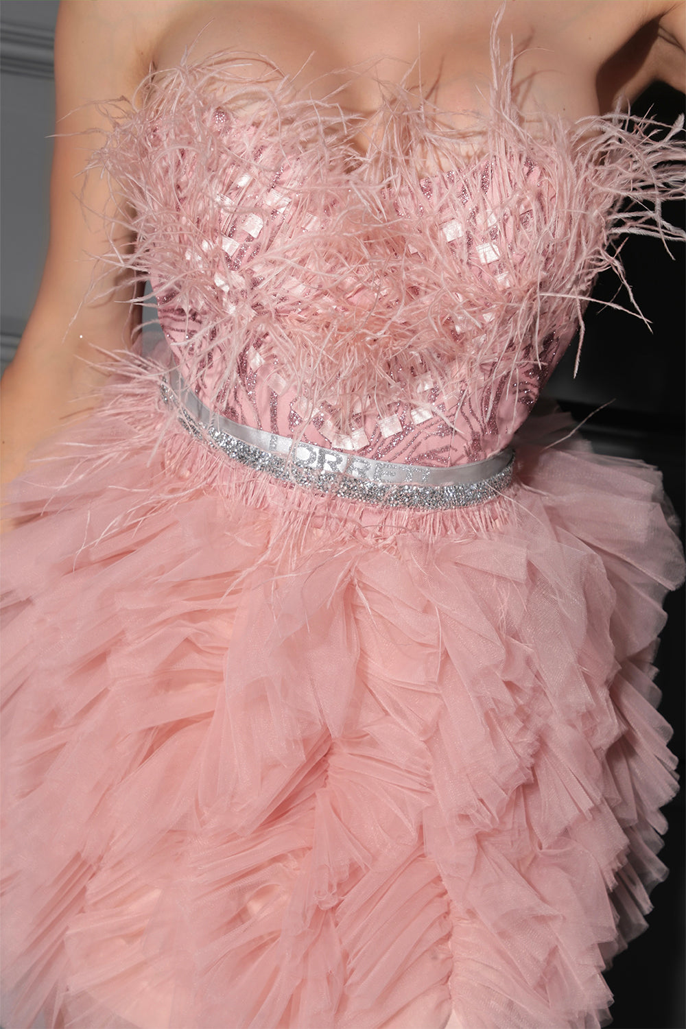 MAXI SKIRT AND CROP TOP SET CAROLINA GLITTER LACE FEATHERS TULLE POWDER PINK