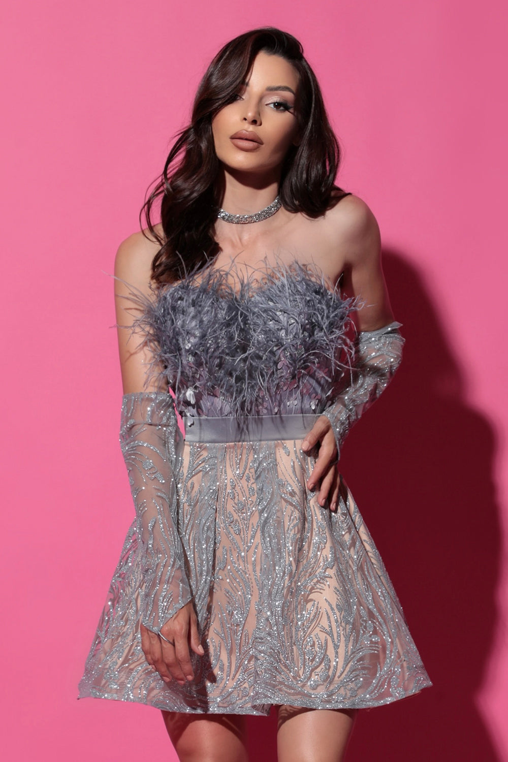 MINI SKIRT AND CROP TOP SET AUDREY GLITTER LACE FEATHERS SILVER AND NUDE
