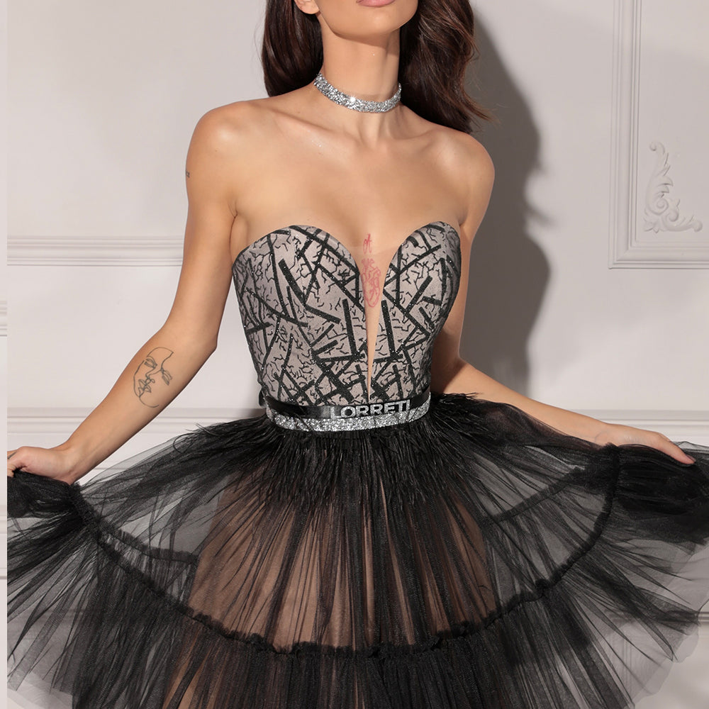 MINI SKIRT AND CROP TOP SET ANNABELLE GLITTER LACE TULLE BLACK AND NUDE