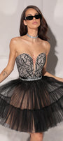 MINI SKIRT AND CROP TOP SET ANNABELLE GLITTER LACE TULLE BLACK AND NUDE
