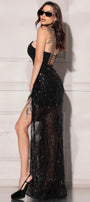 MAXI SKIRT AND CROP TOP SET ASTRID TRICOT LAME SEQUIN BLACK
