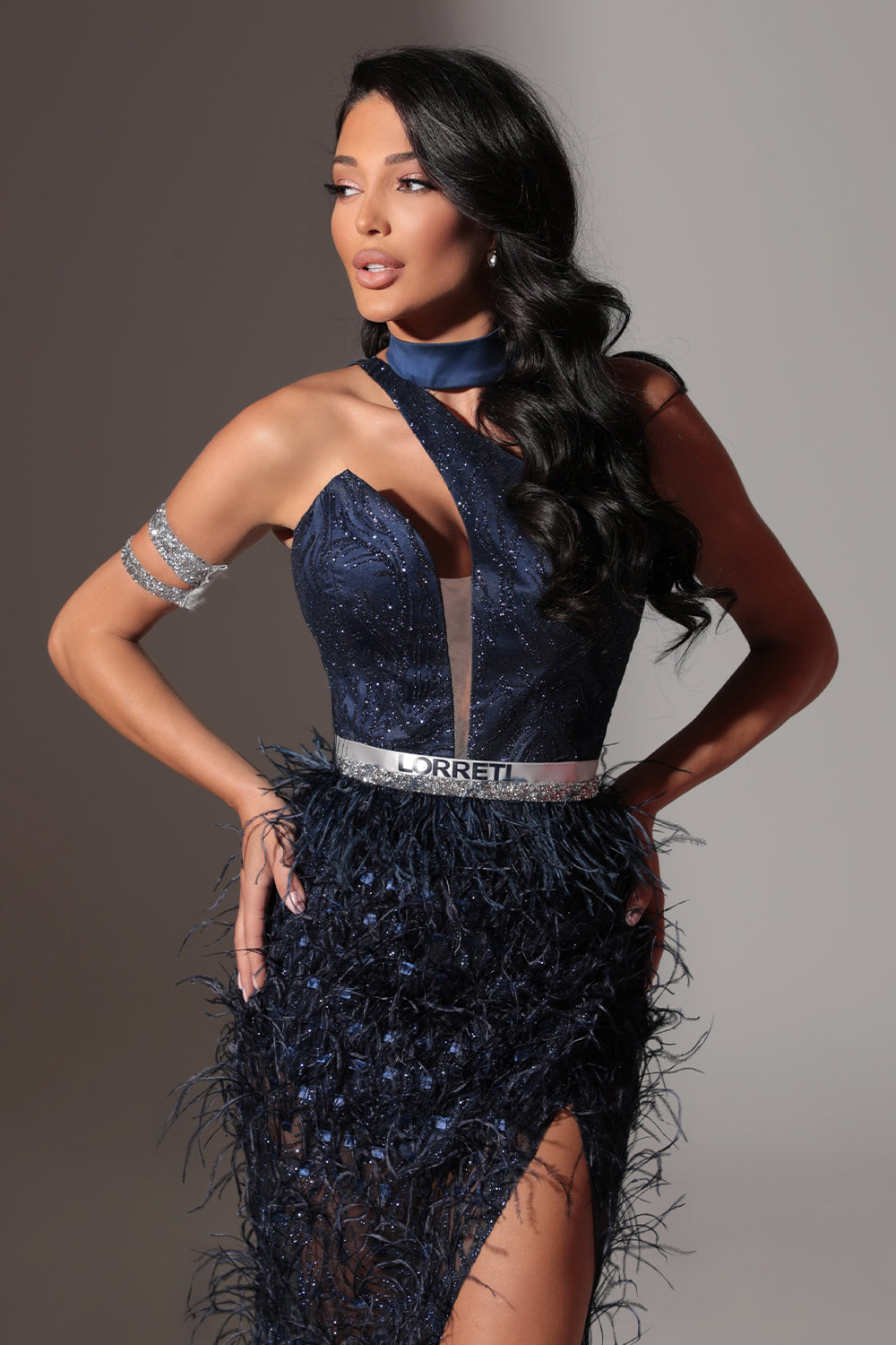 MAXI SKIRT AND CROP TOP SET DEANNA GLITTER LACE FEATHERS DARK BLUE