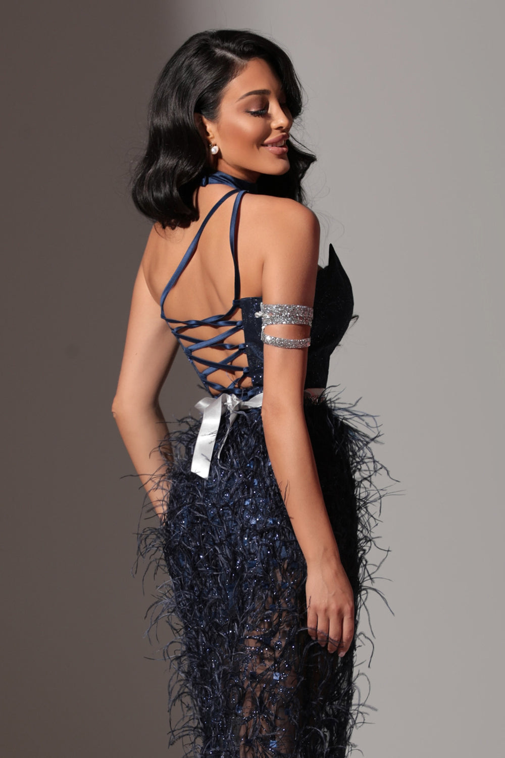 MAXI SKIRT AND CROP TOP SET DEANNA GLITTER LACE FEATHERS DARK BLUE
