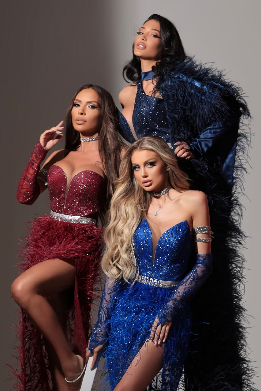 MAXI SKIRT AND CROP TOP SET EDEN GLITTER LACE FEATHERS COBALT BLUE