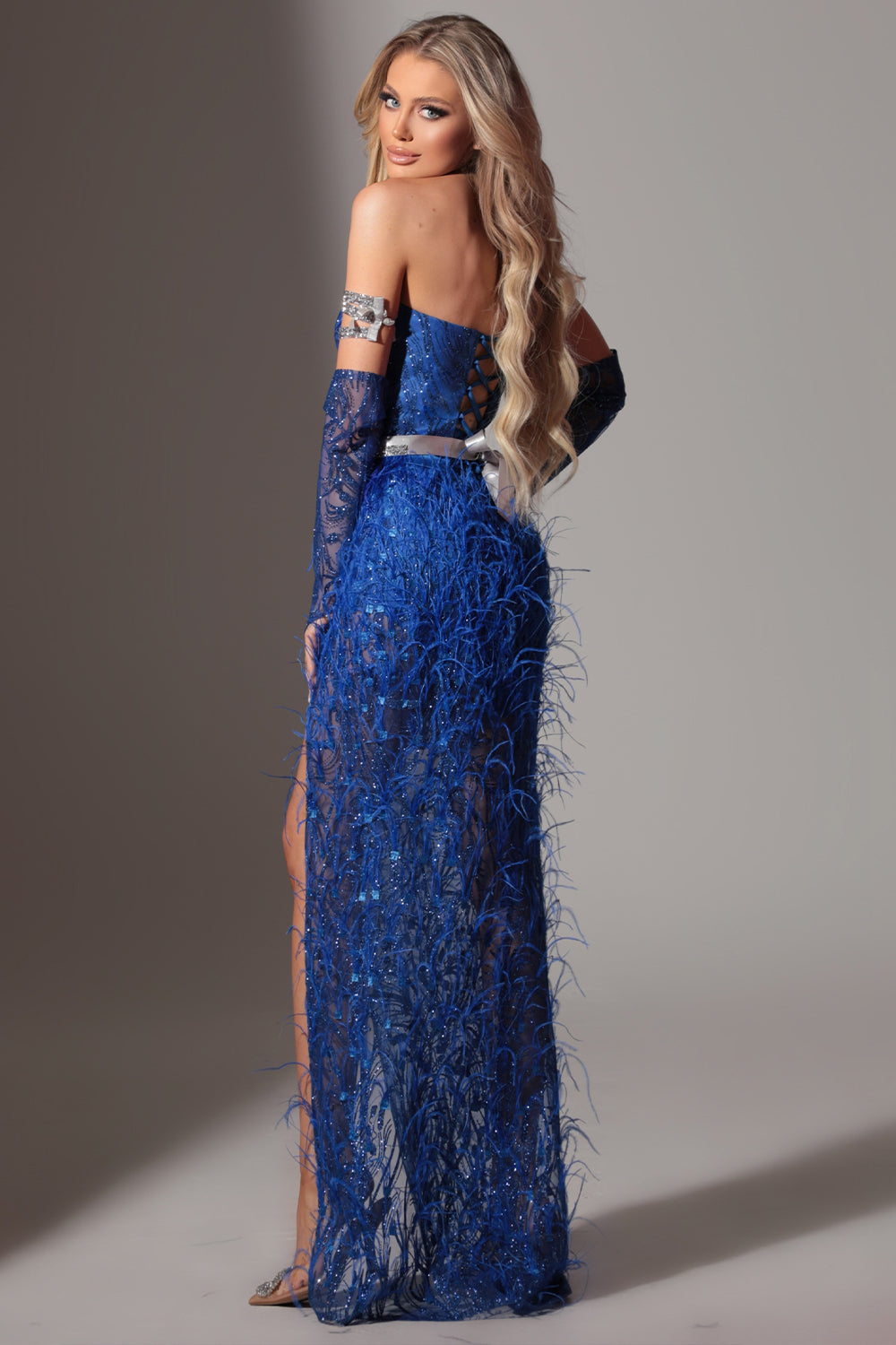 MAXI SKIRT AND CROP TOP SET EDEN GLITTER LACE FEATHERS COBALT BLUE