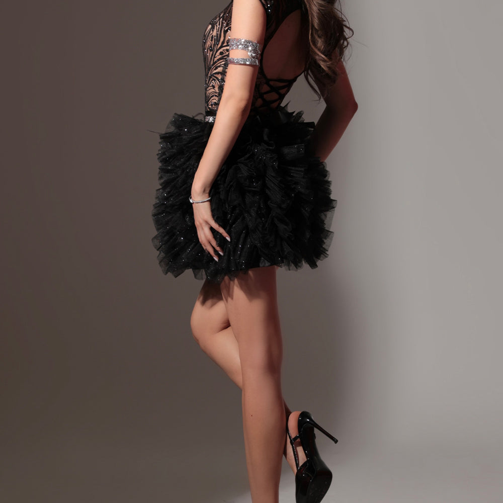 MINI SKIRT AND CROP TOP SET ALANI GLITTER LACE GLITTER TULLE BLACK AND NUDE