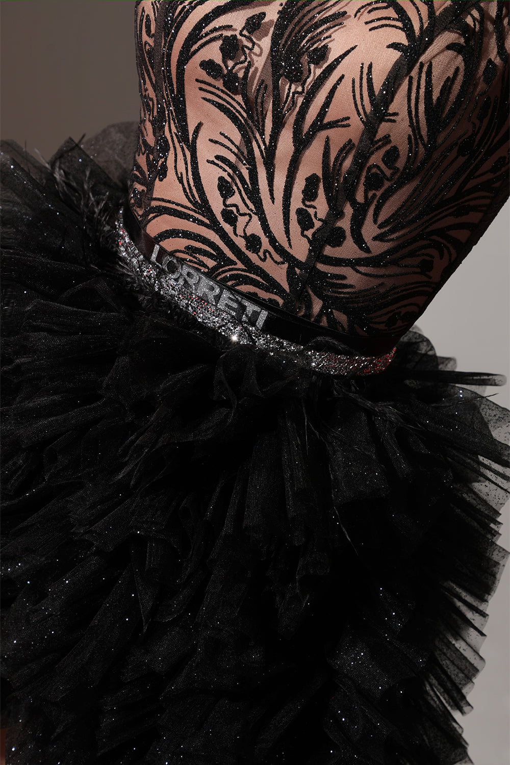 MINI SKIRT AND CROP TOP SET ALANI GLITTER LACE GLITTER TULLE BLACK AND NUDE