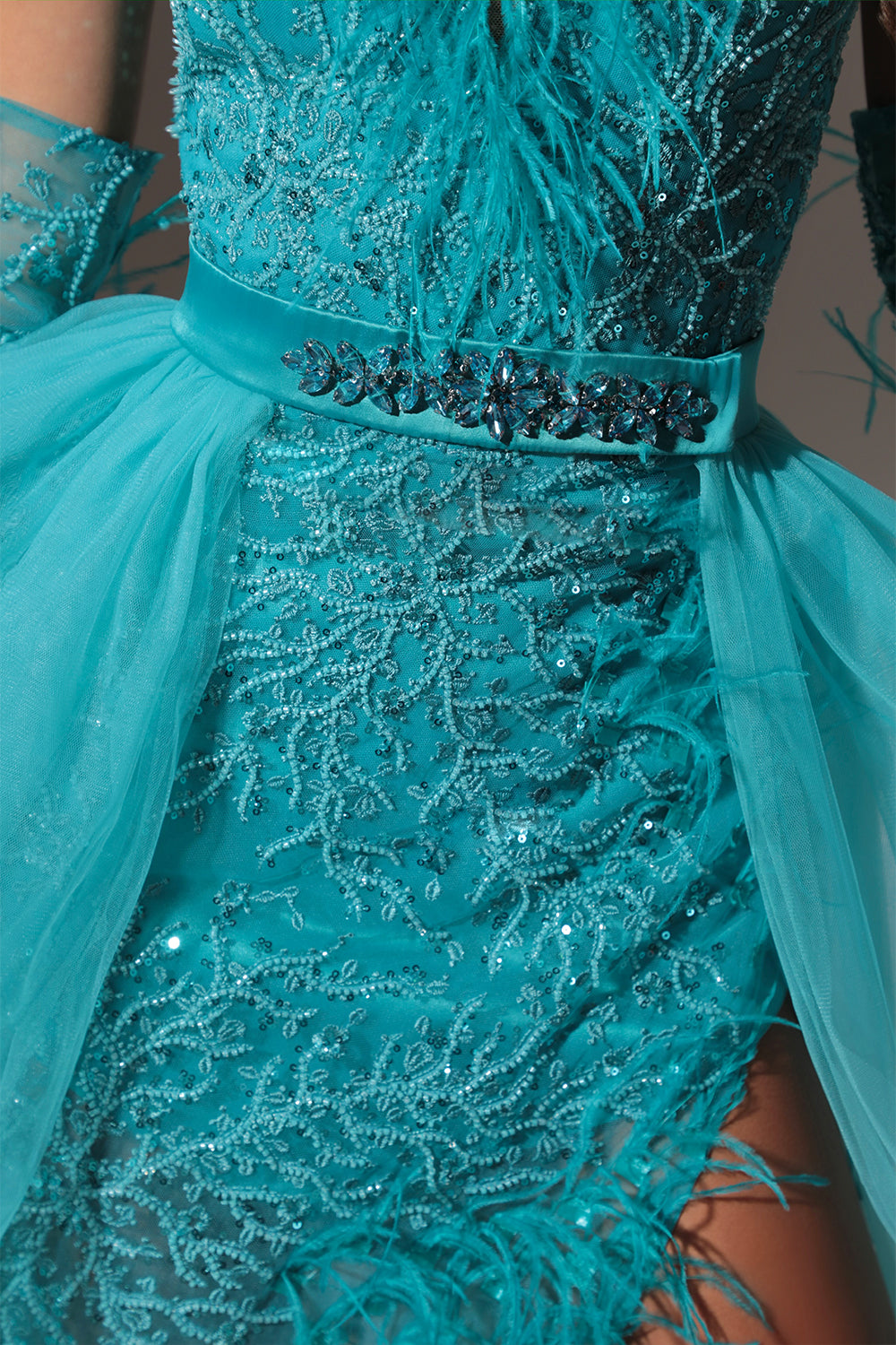 MAXI SKIRT AND CROP TOP SET CELESTE GLITTER LACE FEATHERS AZURE BLUE