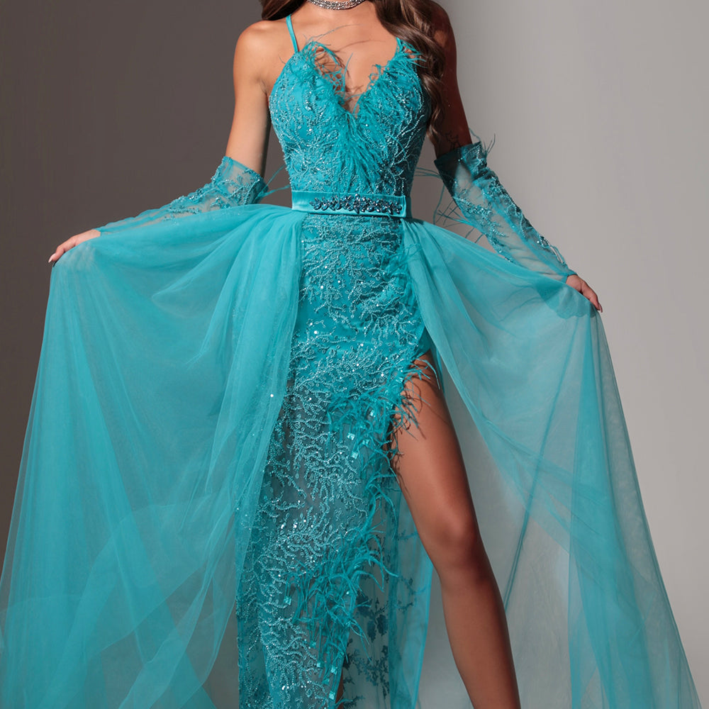 MAXI SKIRT AND CROP TOP SET CELESTE GLITTER LACE FEATHERS AZURE BLUE