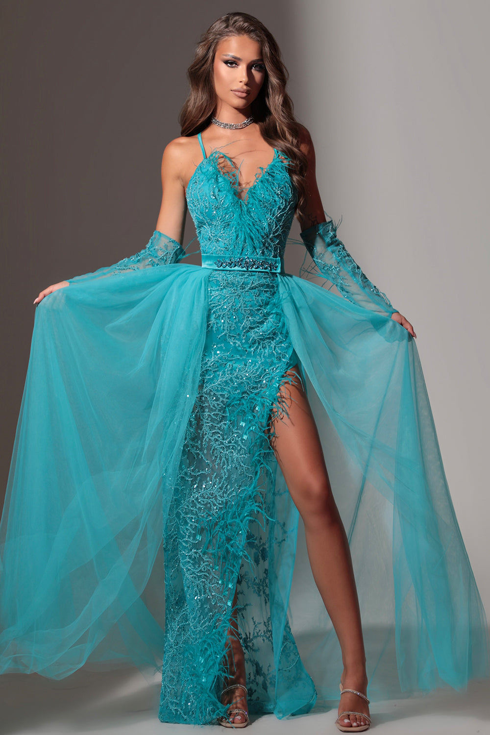 MAXI SKIRT AND CROP TOP SET CELESTE GLITTER LACE FEATHERS AZURE BLUE