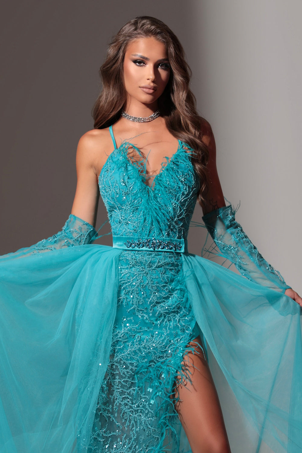 MAXI SKIRT AND CROP TOP SET CELESTE GLITTER LACE FEATHERS AZURE BLUE
