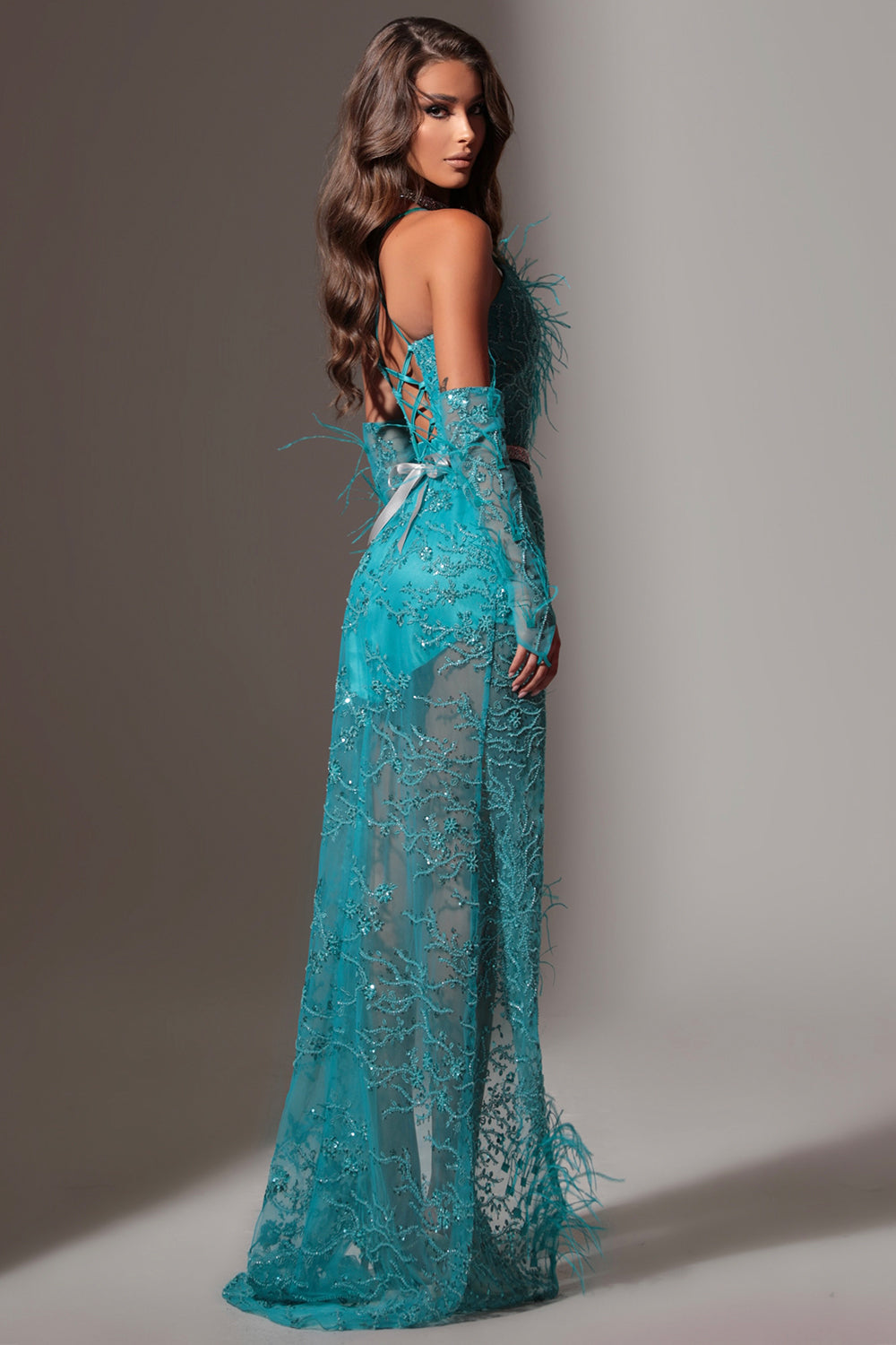 MAXI SKIRT AND CROP TOP SET CELESTE GLITTER LACE FEATHERS AZURE BLUE