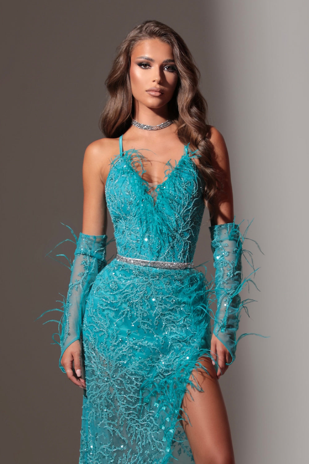 MAXI SKIRT AND CROP TOP SET CELESTE GLITTER LACE FEATHERS AZURE BLUE