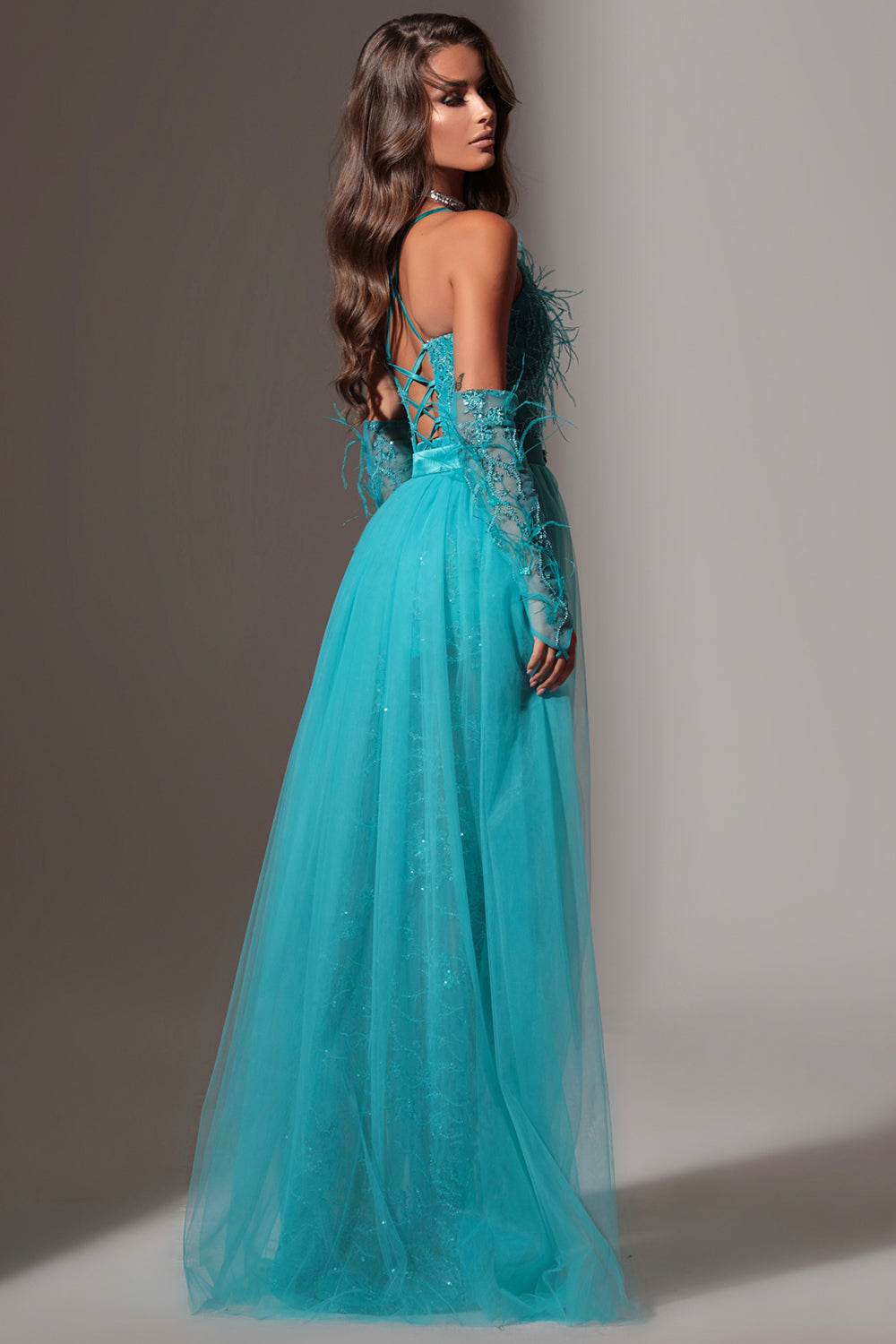 MAXI SKIRT AND CROP TOP SET CELESTE GLITTER LACE FEATHERS AZURE BLUE