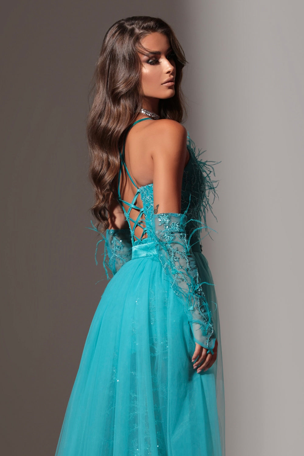 MAXI SKIRT AND CROP TOP SET CELESTE GLITTER LACE FEATHERS AZURE BLUE
