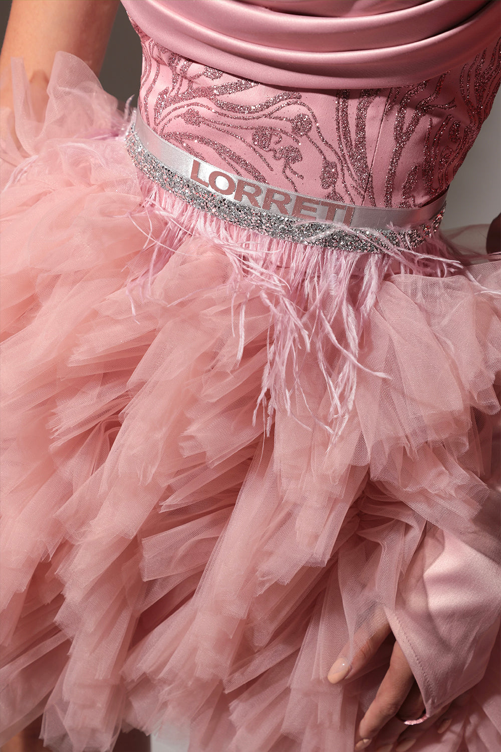 MINI SKIRT AND CROP TOP SET HAYDEN GLITTER LACE SATIN TULLE POWDER PINK