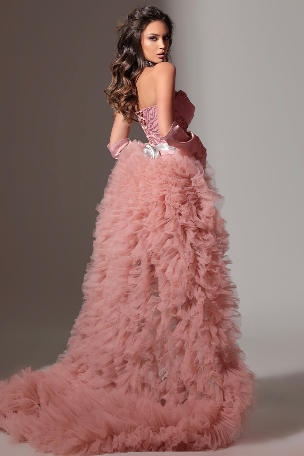 MAXI SET TOP CU FUSTA DREAM DANTELA GLITTER SATIN TUL ROZ PUDRA