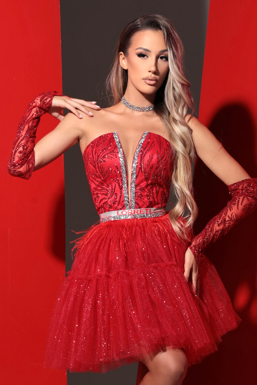 MINI SKIRT AND CROP TOP SET AYA GLITTER LACE RHINESTONE GLITTER TULLE RED