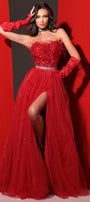 МAXI SET TOP CON GONNA PENELOPE PIZZO GLITTERATO PIUME BROCCATO DI TULLE ROSSO