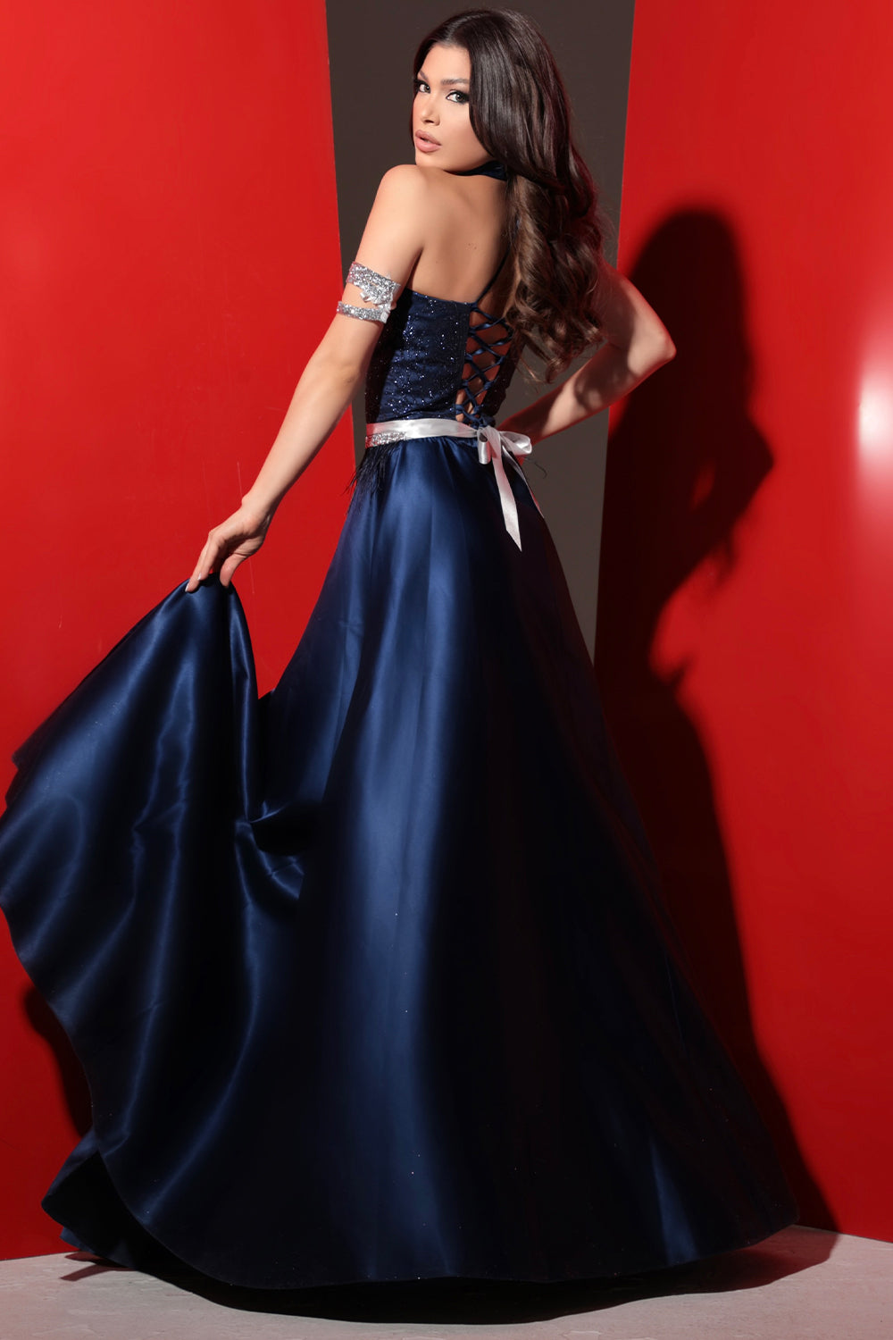 MAXI SKIRT AND CROP TOP SET EBRILL GLITTER LACE SATIN DARK BLUE