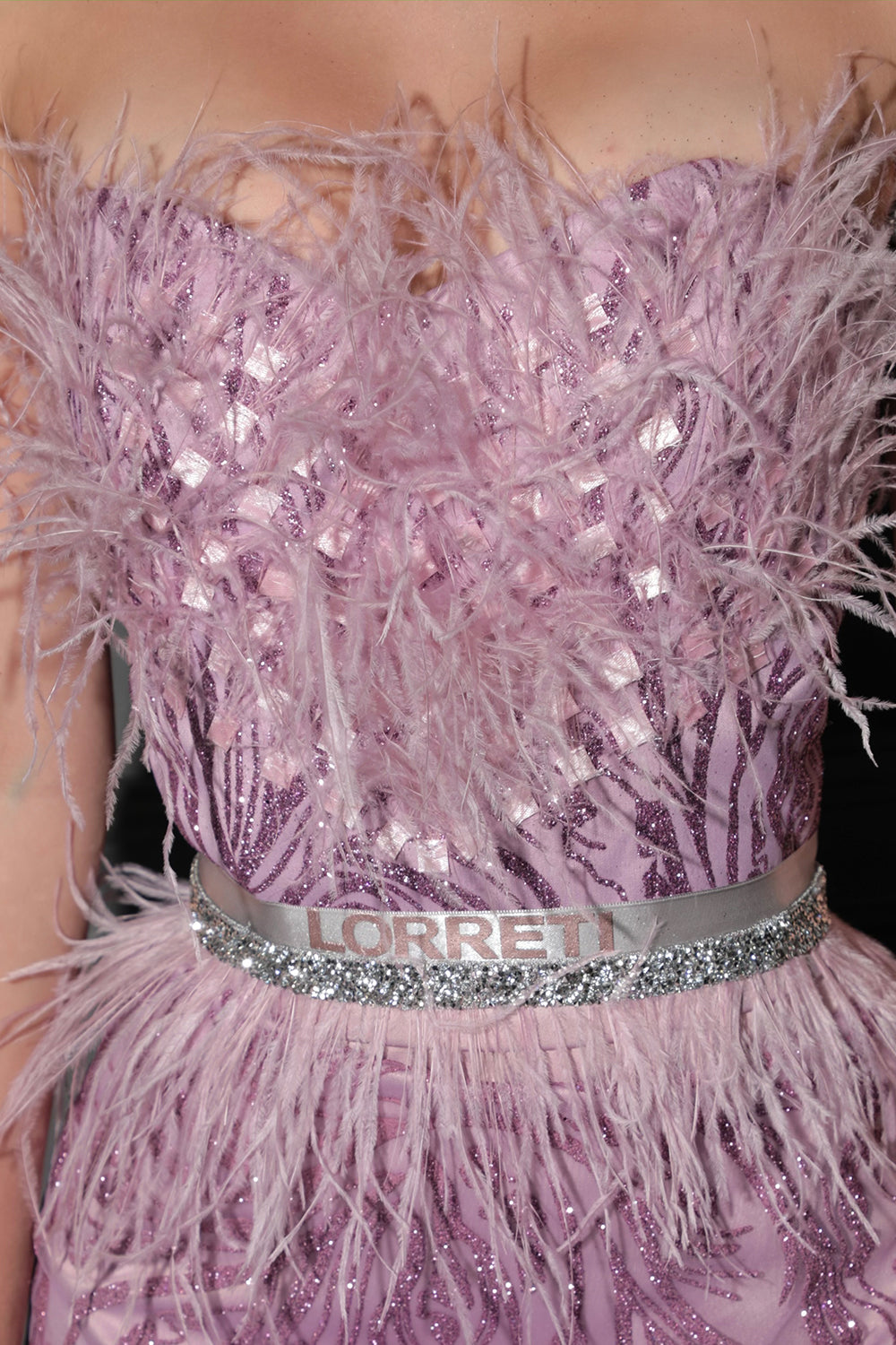 MINI SKIRT AND CROP TOP SET AUDREY GLITTER LACE FEATHERS LAVENDER