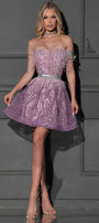 MINI SKIRT AND CROP TOP SET AUDREY GLITTER LACE FEATHERS LAVENDER
