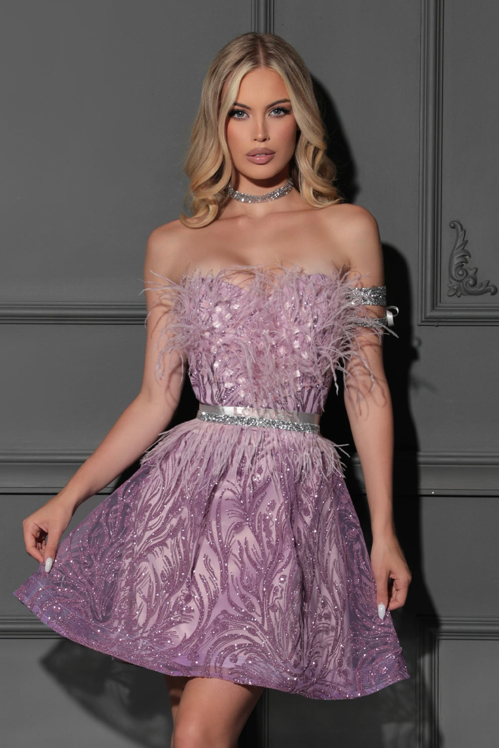 MINI SKIRT AND CROP TOP SET AUDREY GLITTER LACE FEATHERS LAVENDER