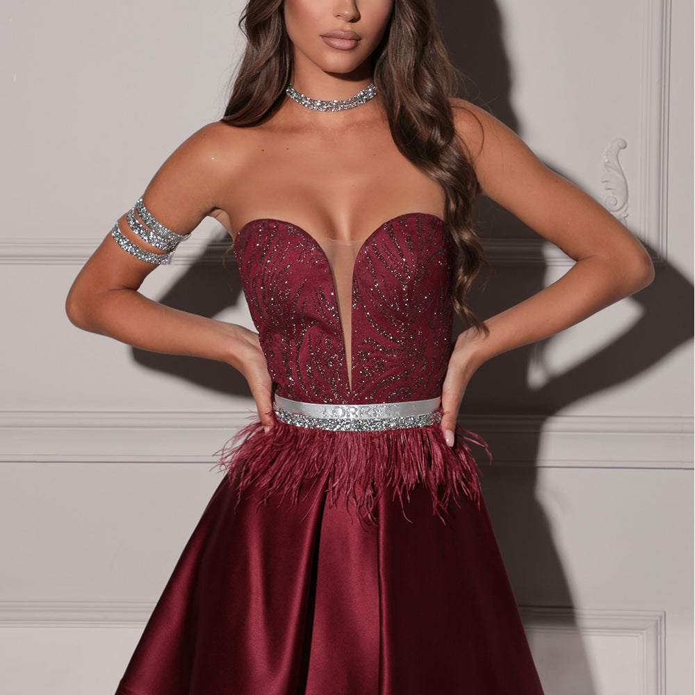 МINI SET TOP CON GONNA NORMA PIZZO GLITTERATO RASO BORDEAUX