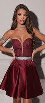 МINI SET TOP CON GONNA NORMA PIZZO GLITTERATO RASO BORDEAUX