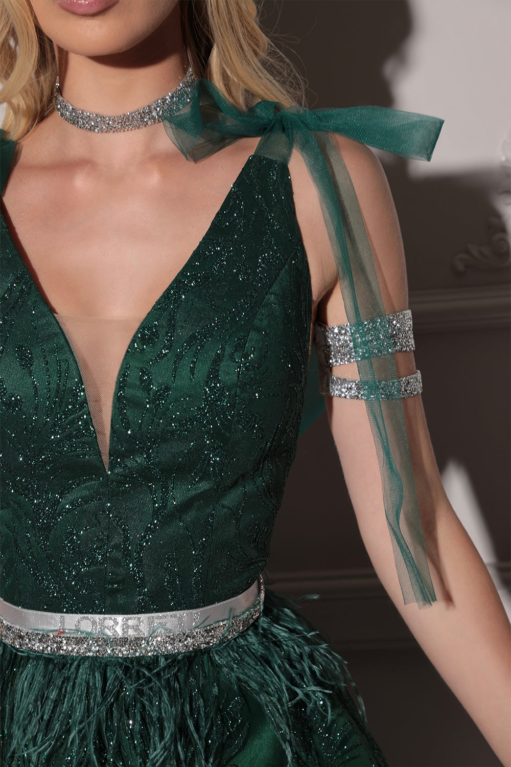 MINI SKIRT AND CROP TOP SET ANELIA GLITTER LACE DARK GREEN