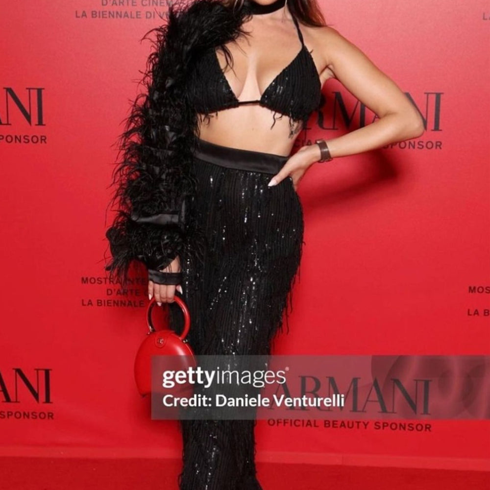 MAXI CROP TOP AND PANTS SET LEDA SEQUIN FEATHERS BLACK