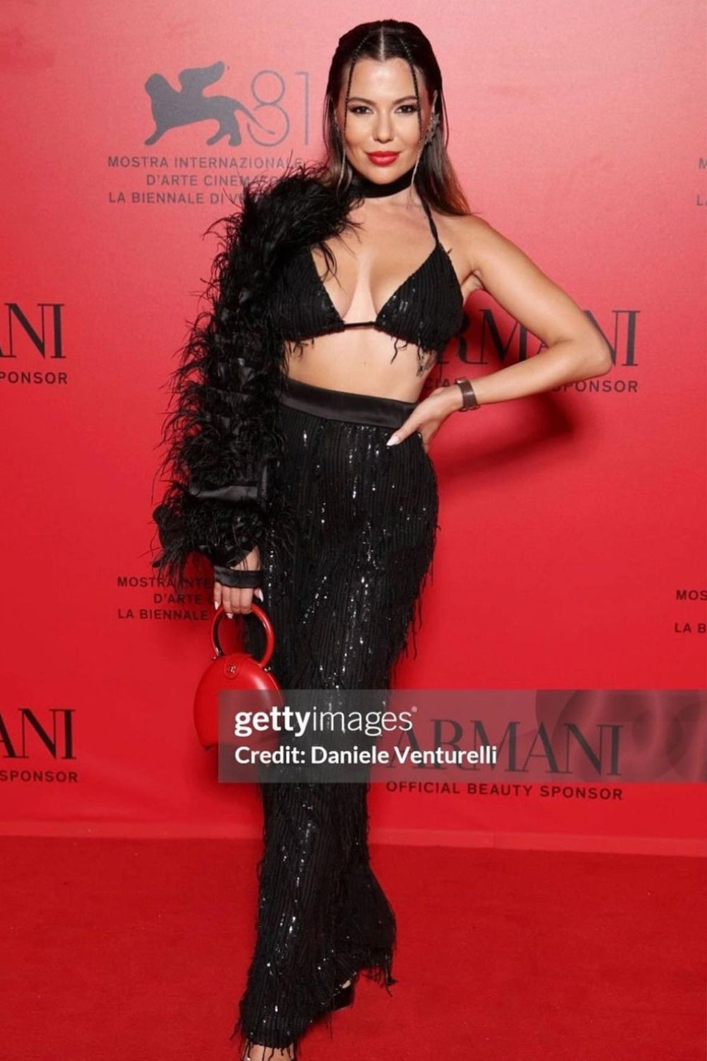 MAXI CROP TOP AND PANTS SET LEDA SEQUIN FEATHERS BLACK