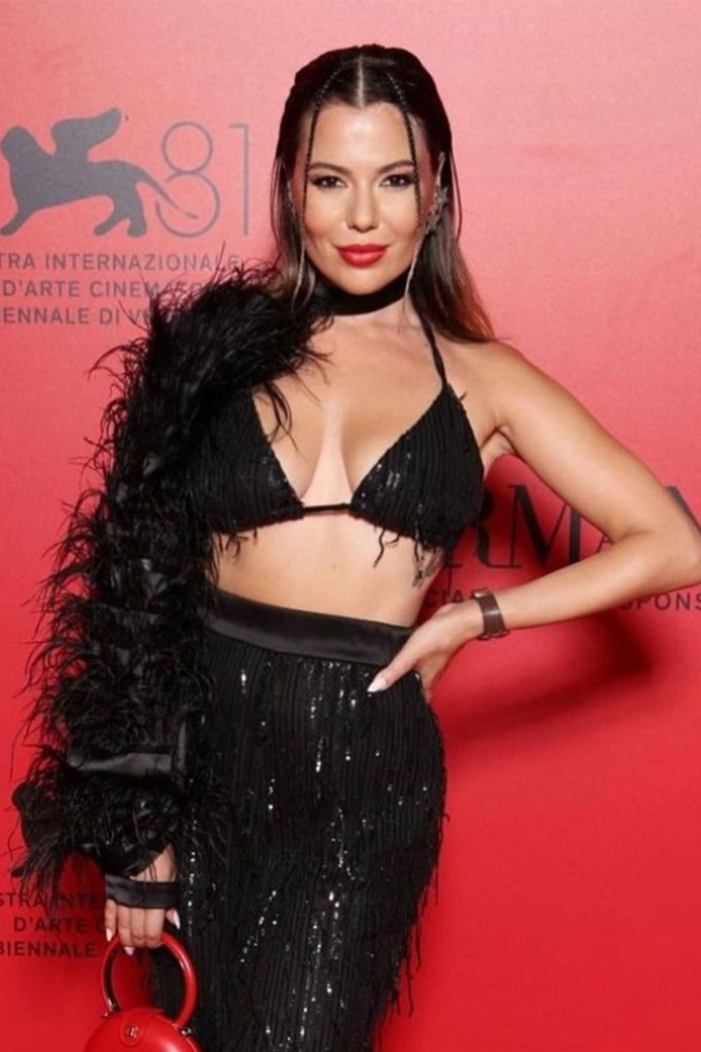 MAXI CROP TOP AND PANTS SET LEDA SEQUIN FEATHERS BLACK