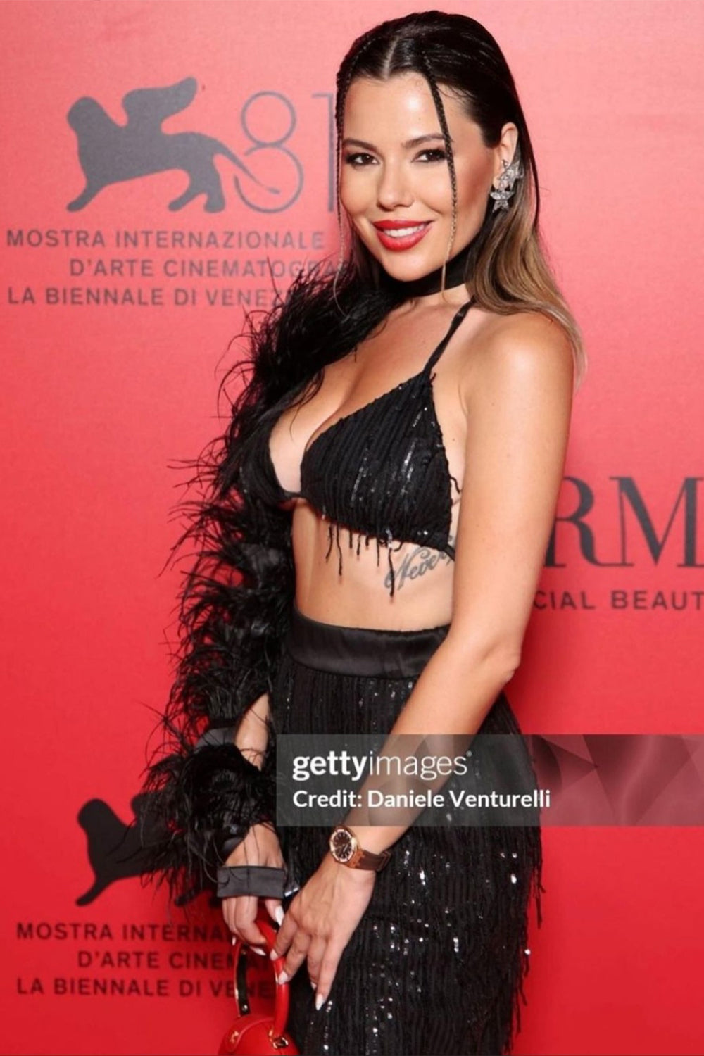 MAXI CROP TOP AND PANTS SET LEDA SEQUIN FEATHERS BLACK