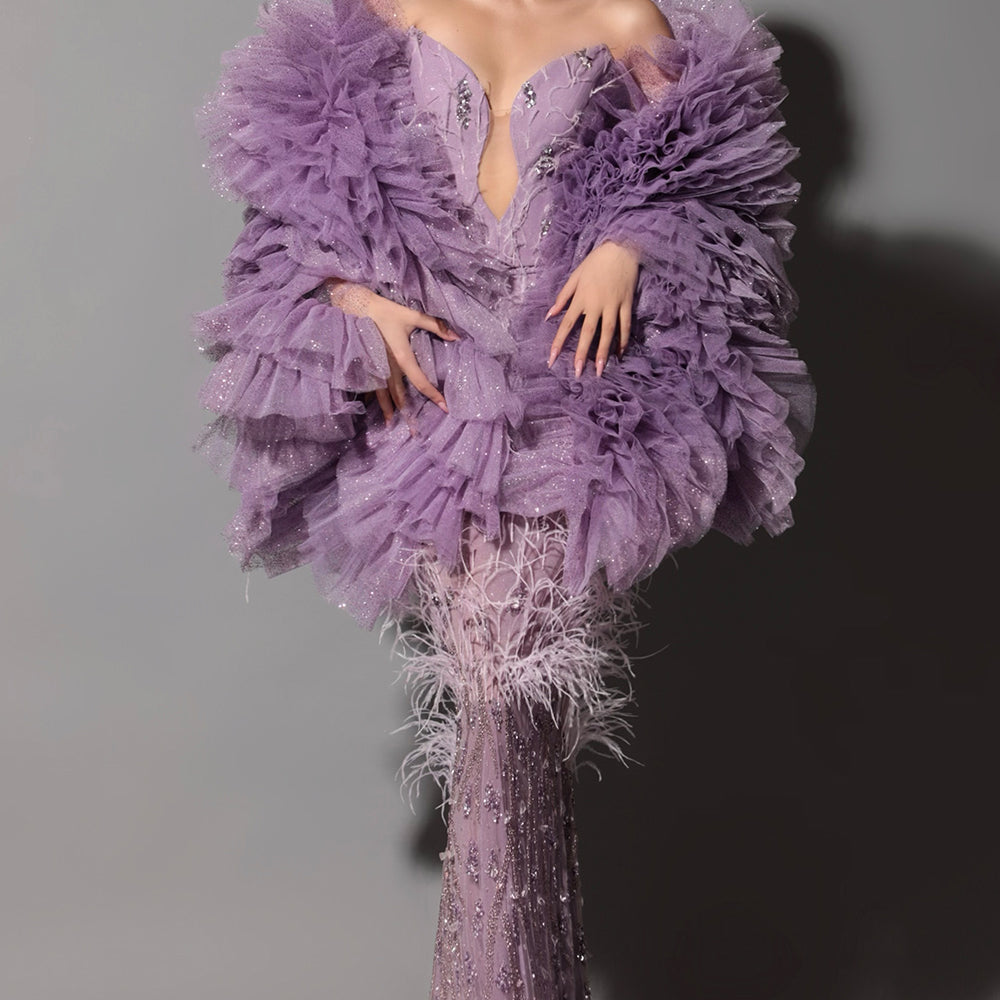 ДЪЛЪГ СЕТ ТОП С ПОЛА И ШАЛ DAMARA КАМЪНИ ПЕРА ТЮЛ БРОКАТ ЛАВАНДУЛА