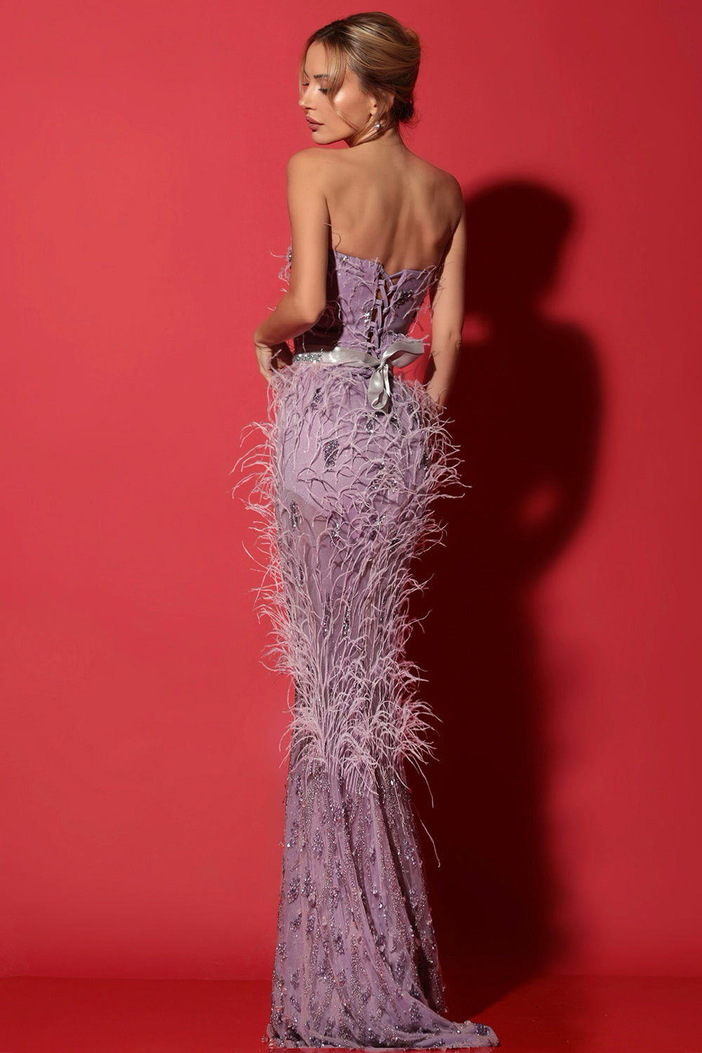 MAXI SKIRT AND CROP TOP SET CLARITA LACE FEATHERS LAVENDER