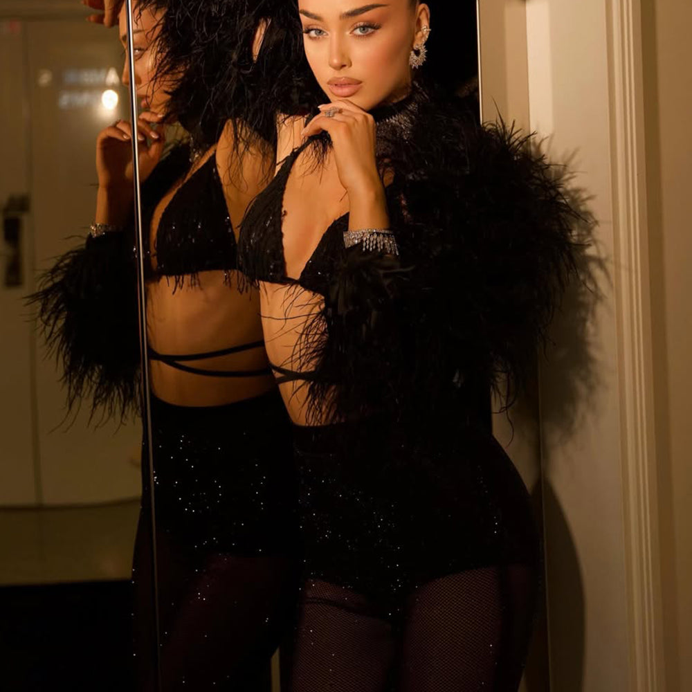MAXI CROP TOP AND PANTS SET COLLEEN SEQUIN FEATHERS LACE BLACK