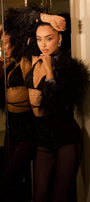 MAXI CROP TOP AND PANTS SET COLLEEN SEQUIN FEATHERS LACE BLACK