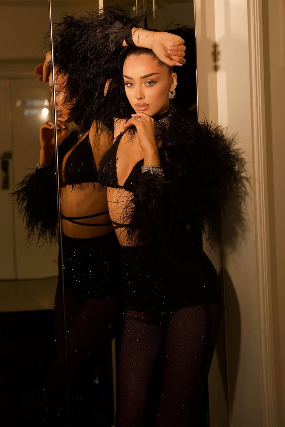 MAXI CROP TOP AND PANTS SET COLLEEN SEQUIN FEATHERS LACE BLACK