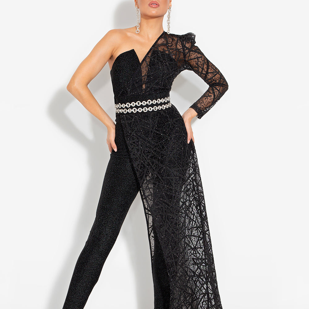 MAXI CROP TOP AND PANTS SET ALLURE 4 PARTS LAME GLITTER LACE BLACK