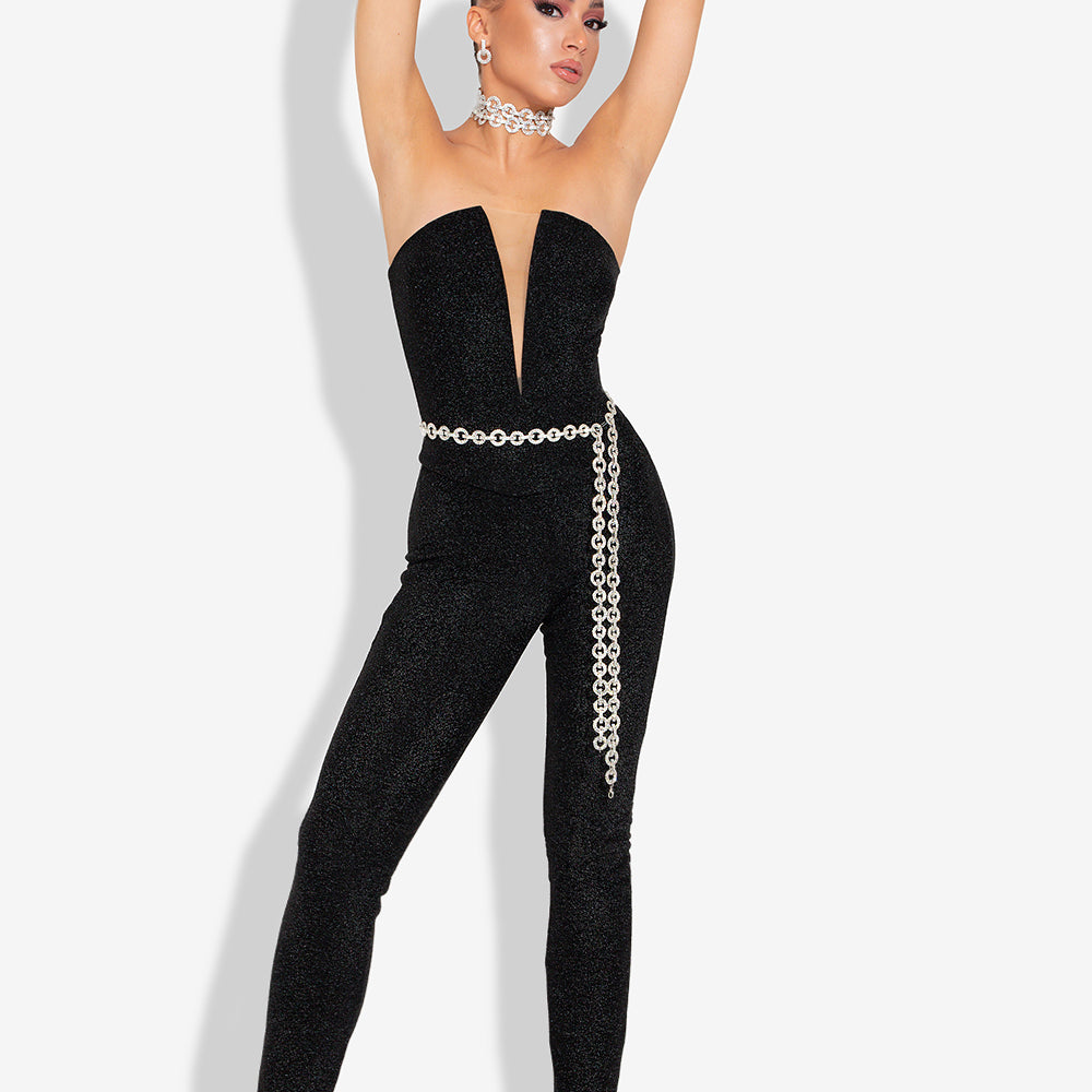 MAXI CROP TOP AND PANTS SET KENDRA 2 PARTS LAME GLITTER LACE BLACK