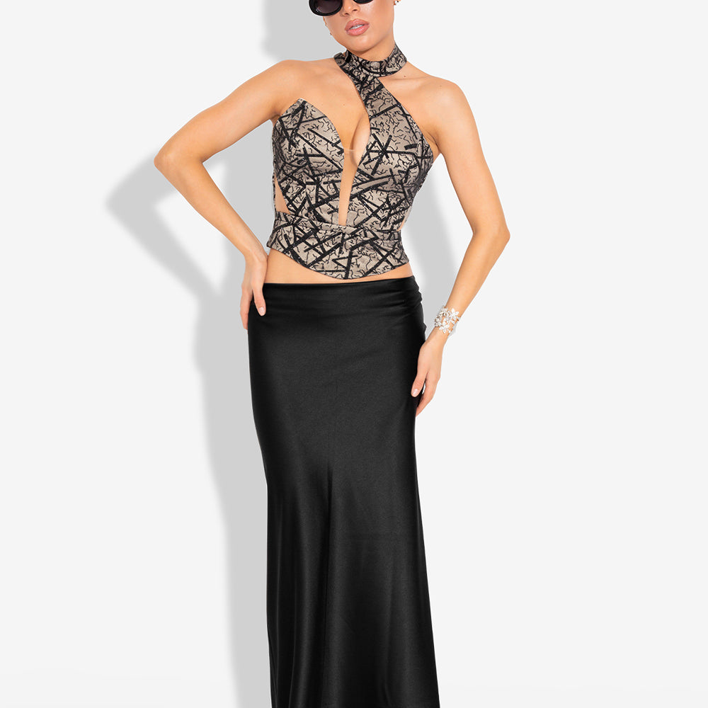 MAXI SKIRT AND CROP TOP SET  REMY GLITTER LACE SATIN BLACK AND NUDE