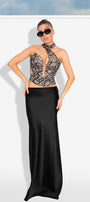 MAXI SKIRT AND CROP TOP SET  REMY GLITTER LACE SATIN BLACK AND NUDE